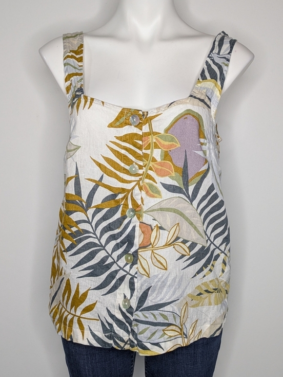 C&C California Tops - C&C California White Yellow Blue Tropical Square Neck Linen Button Up Tank Top M